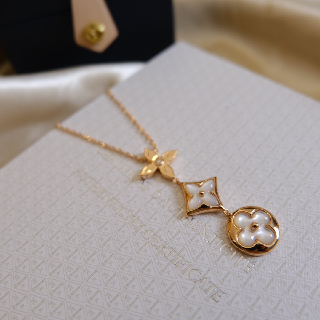 [Elite]COLOR BLOSSOM LARIAT NECKLACE PINK GOLD WHITE MOTHER PEARL AND DIAMOND