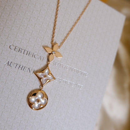 [Elite]COLOR BLOSSOM LARIAT NECKLACE PINK GOLD WHITE MOTHER PEARL AND DIAMOND