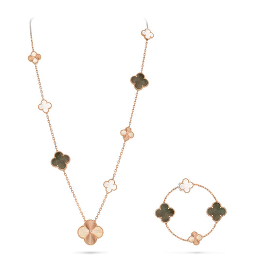 [Elite]DETACHABLE CLOVER 15(11+4) FLOWER ROSE GOLD NECKLACE SET