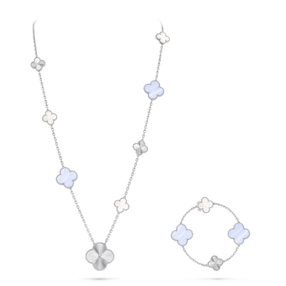 [Elite]DETACHABLE CLOVER 15(11+4) FLOWER SILVER NECKLACE SET