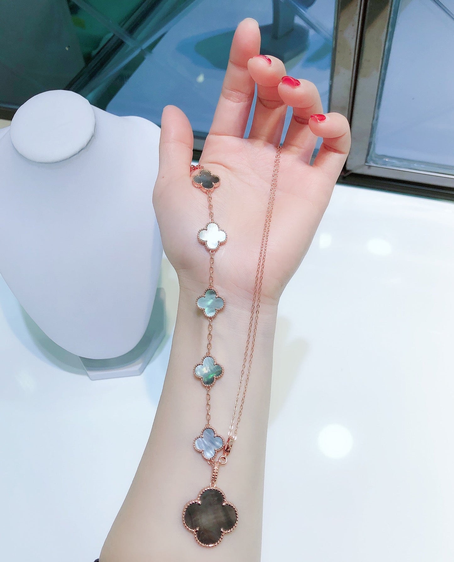 [Elite]COMBINED BRACELET 5 MOTIFS AND NECKLACE DARK MOP ROSE GOLD