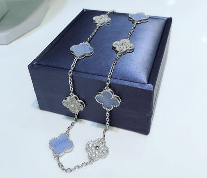 [Elite]CLOVER 10 MOTIFS CHALCEDONY DIAMONDS SILVER NECKLACE