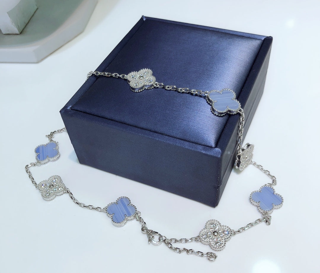 [Elite]CLOVER 10 MOTIFS CHALCEDONY DIAMONDS SILVER NECKLACE
