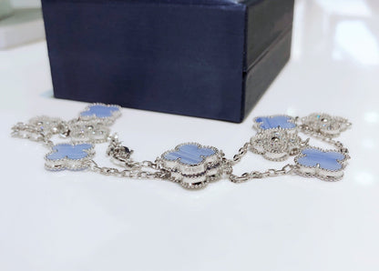 [Elite]CLOVER 10 MOTIFS CHALCEDONY DIAMONDS SILVER NECKLACE