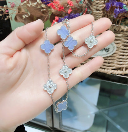 [Elite]CLOVER 10 MOTIFS CHALCEDONY DIAMONDS SILVER NECKLACE