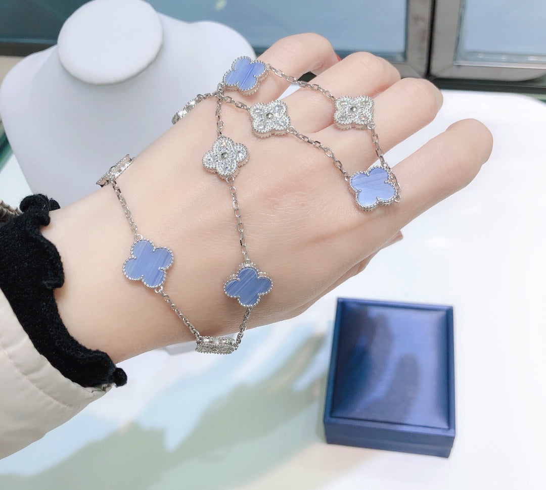 [Elite]CLOVER 10 MOTIFS CHALCEDONY DIAMONDS SILVER NECKLACE